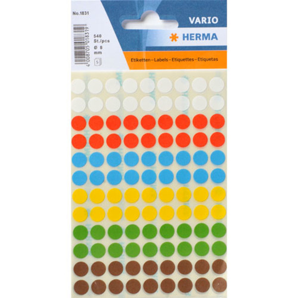 Afbeelding van etiket Herma    8mm rond 540stuks 6 kleuren