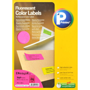 Afbeeldingen van etiket Printec  70.0x 37.0mm 10vel neon magenta (tbv laserprinter)