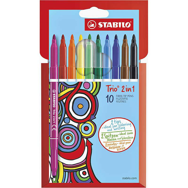 Afbeelding van viltstiften Stabilo Trio 2 in 1 etui - 10 kleuren