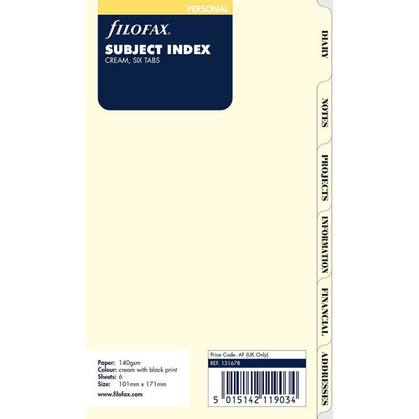 filofax Personal index 6-tab subject cotton cream