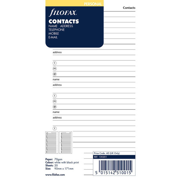 filofax Personal naam / adres / fax / E-mail / telefoon / mobiel - wit