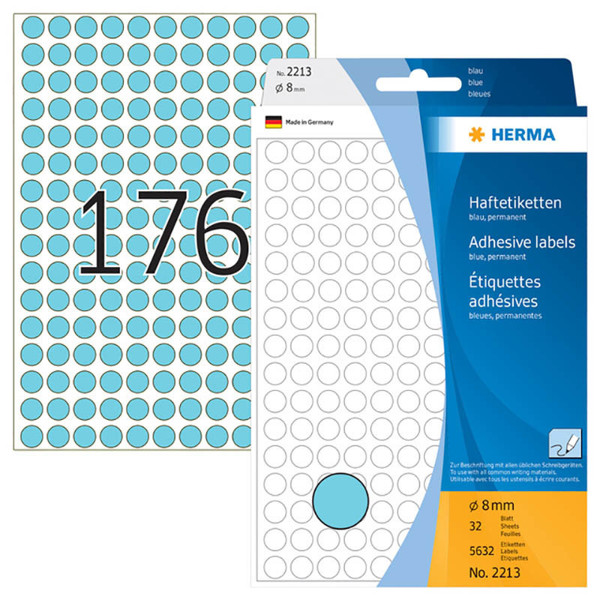 etiket  Herma   8mm rond blauw        5632stuks