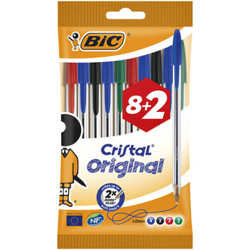 balpen Bic Cristal - medium - zakje 8+2 gratis - assorti kleur