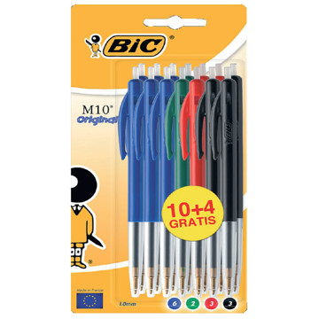 balpen BIC M10 - medium - blister 10+4 gratis - assortie kleur