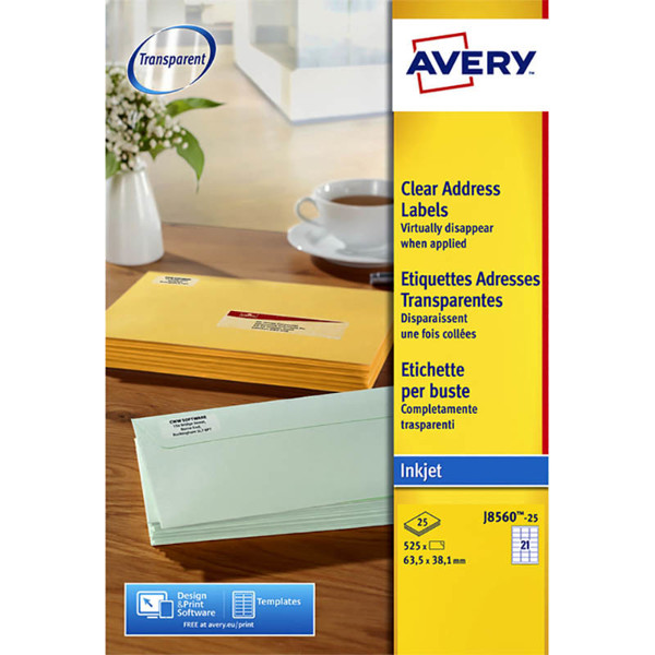 etiket Avery  63.5x 38.1mm  25vel J8560 transparant - matte - inkjet