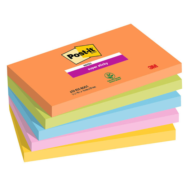 memoblok 3M Post-it  76x127mm 655-5SS 5 kleuren Super Sticky - Boos