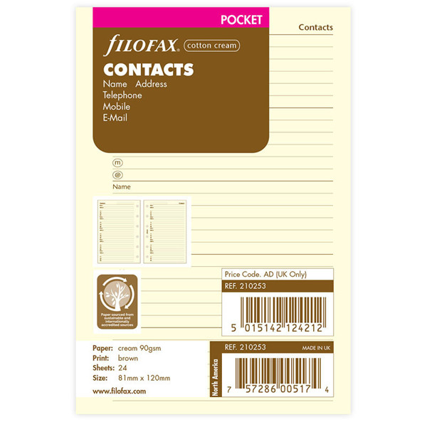 Filofax Pocket naam / adres / telefoon / mobiel / E-mail cotton cream