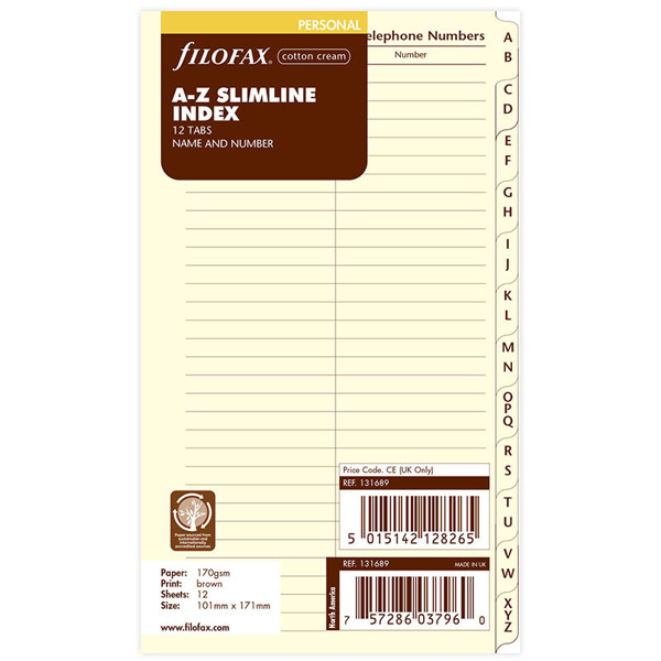 filofax Personal index A/Z 2-letters per blad cotton cream