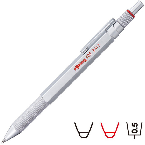 Rotring 600 Multi Pen - Silver - vulpotlood 0.5mm balpen rood, zwart 