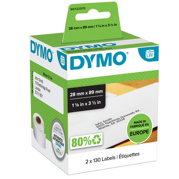 labeletiket Dymo 99010 labelwriter 28x89mm 2x130stuks permanent wit 