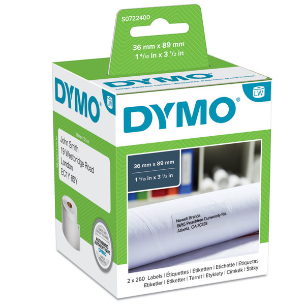 labeletiket Dymo 99012 labelwriter 36x89mm 2x260stuks permanent wit