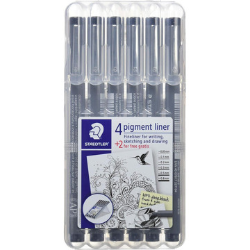 fineliner Staedtler pigment liner 308 zwart 0.05 t/m 0.8mm 4+2 gratis