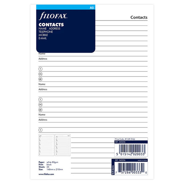 filofax A5 naam / adres / telefoon / mobile / e-mail