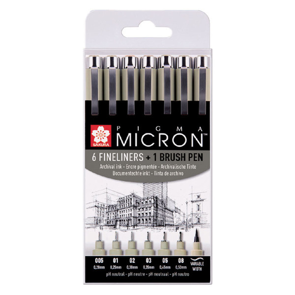 fineliner Sakura Pigma Micron set 6stuks + brushpen zwart