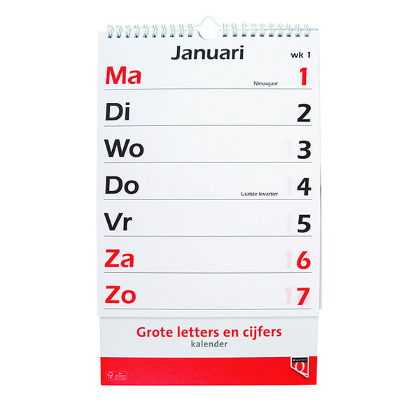  kalender Quantore weekkalender met grote letters en cijfers - bovenspiraal