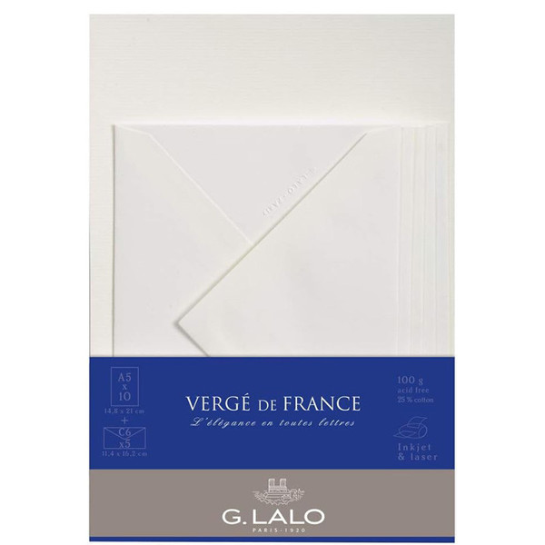 G.Lalo Vergé de France 10vel A5 + 5 enveloppen C6 Vergé Wit