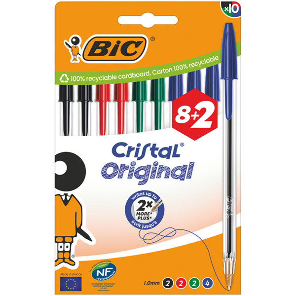 balpen Bic Cristal - medium - zakje 8+2 gratis - assorti kleur 