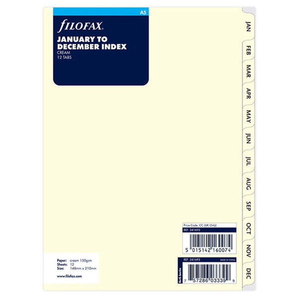 Filofax A5 index januari - december creme