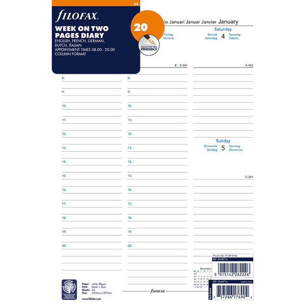 Afbeelding van Filofax A4 vulling 2026 7 dagen op 2 pagina's in kolommen + tijd